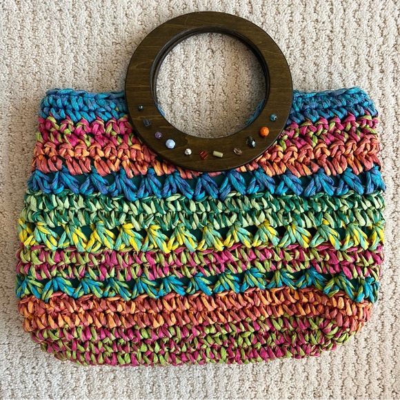 CAPPELLI STRAWORLD Turquoise Crochet Toyo Straw Wooden Grip Satchel Tote Handbag - Picture 4 of 11